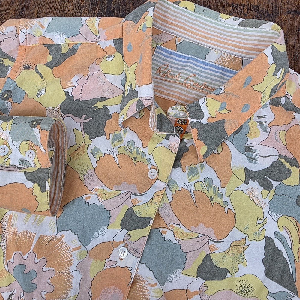 Ladies ROBERT GRAHAM‎ Floral Beaded Shirt Striped Cuffs Cotton Abstract Size 8